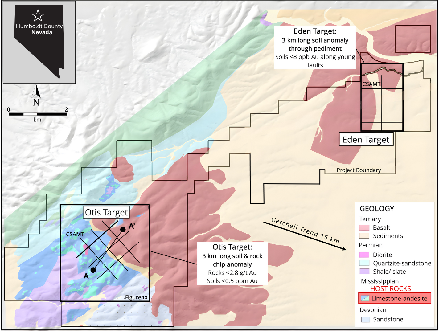Figure 11. Plan‑view simplified geologic map of the Hot Springs Range Project. In this instance, the limestone and andesite blocks of the Home Ranch Terrane (HRT) are mapped separately. The black boxes outline the Otis and Eden target areas. The crossed lines show the CSAMT survey coverage.