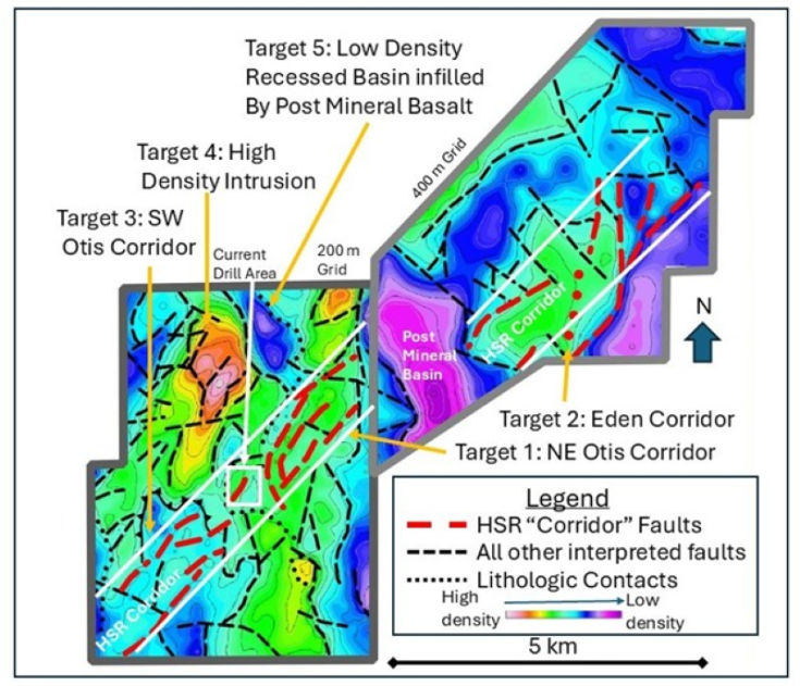 Figure 2.  Residual Gravity map of the HSRP area with interpreted faults and “corridor structures”, interpreted geologic contacts, and suggested targets for follow-up exploration.